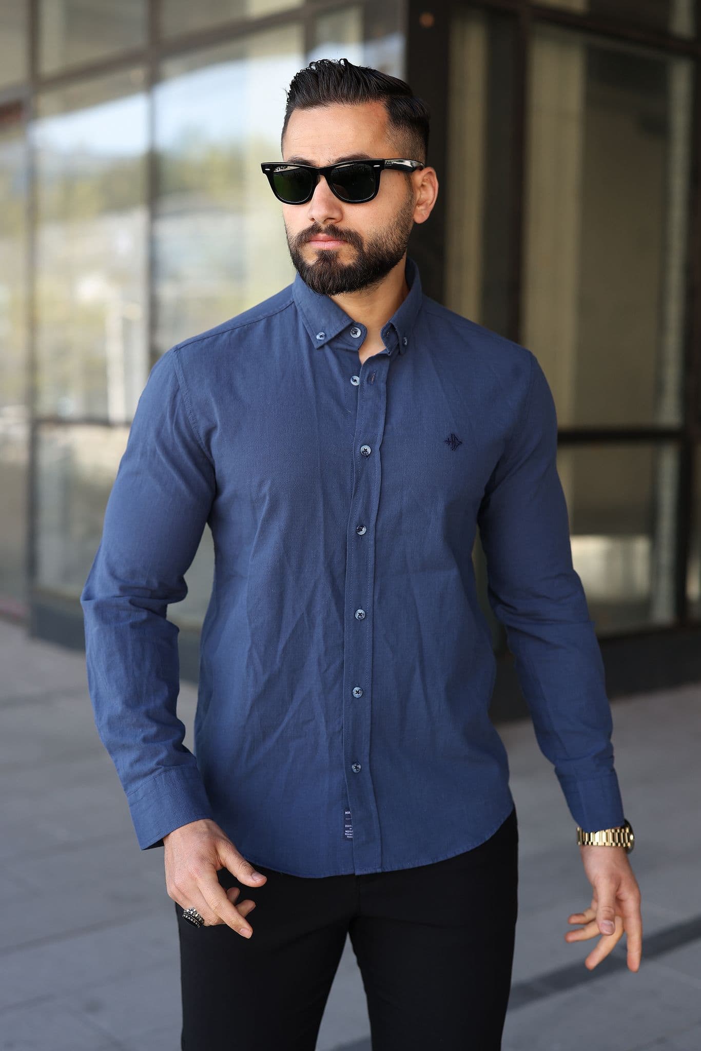 Müslin Keten Slim Fit Gömlek - Lacivert