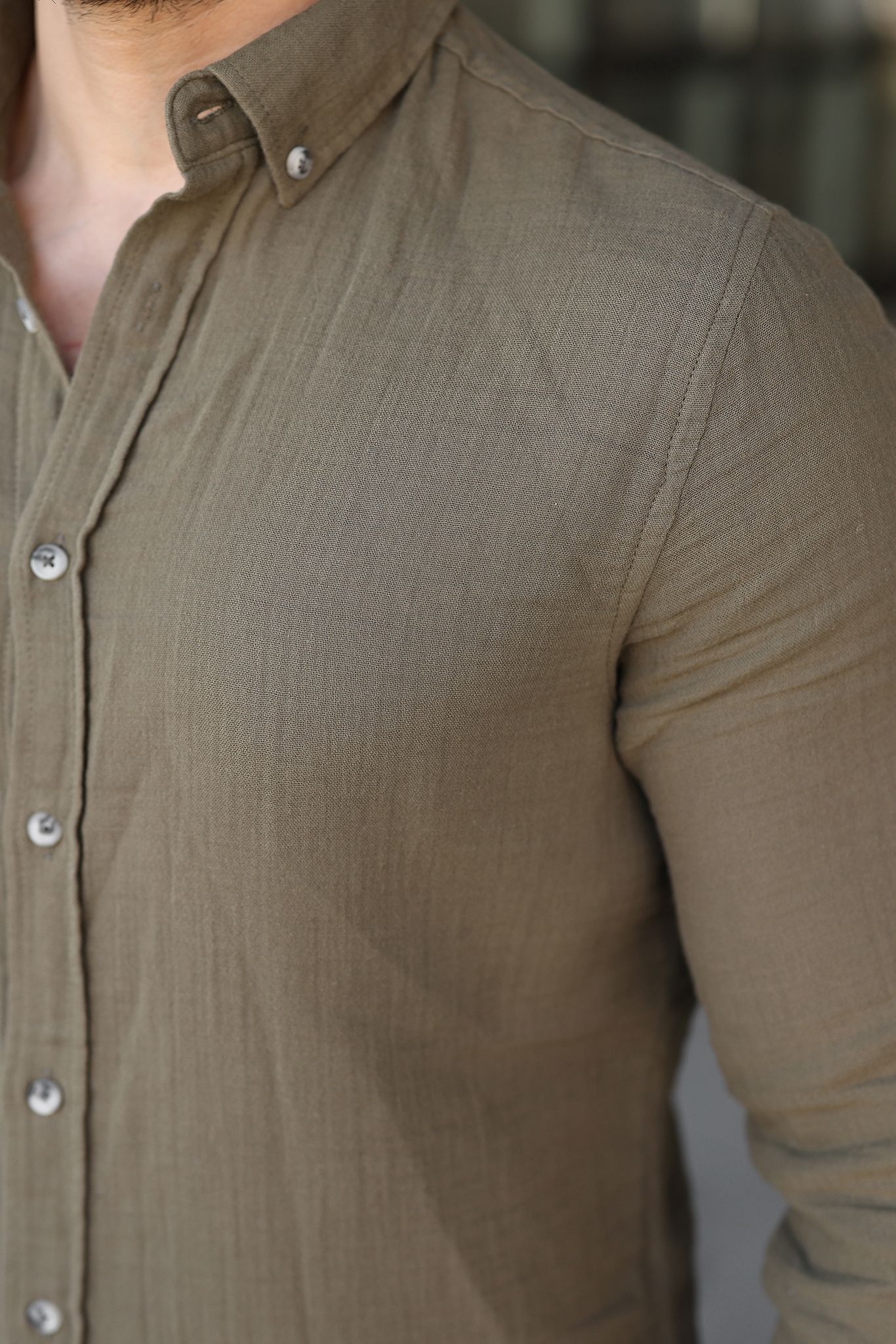 Müslin Keten Slim Fit Gömlek - Haki