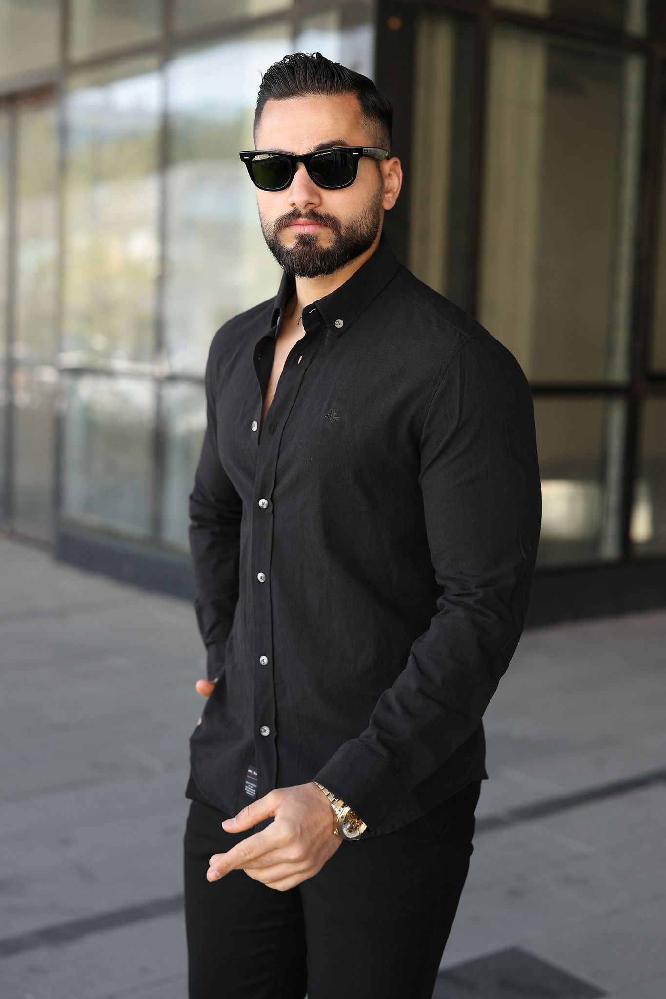 Müslin Keten Slim Fit Gömlek - Siyah